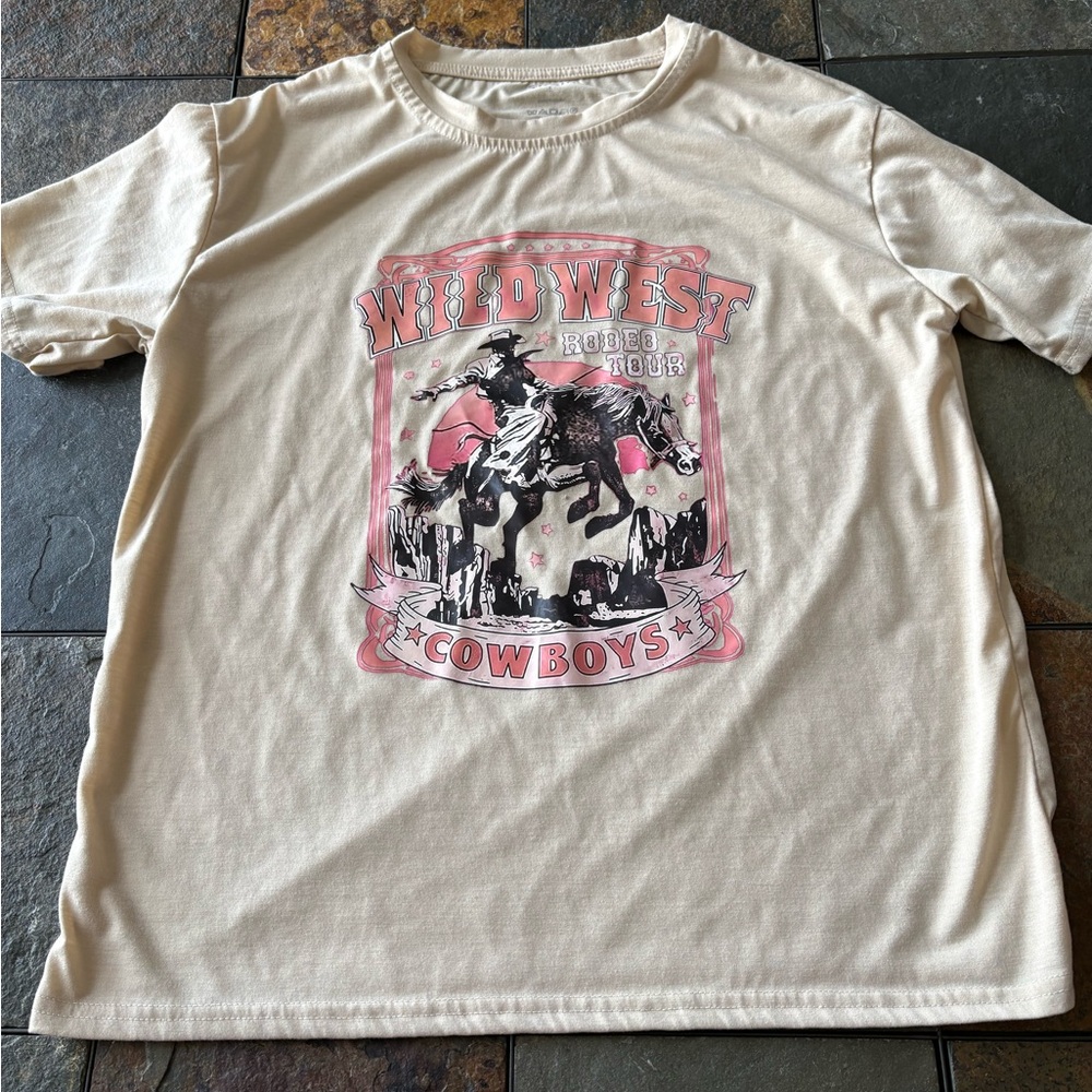 SHEIN Cream Graphic Wild West Cowboys Tee with Pink Accents